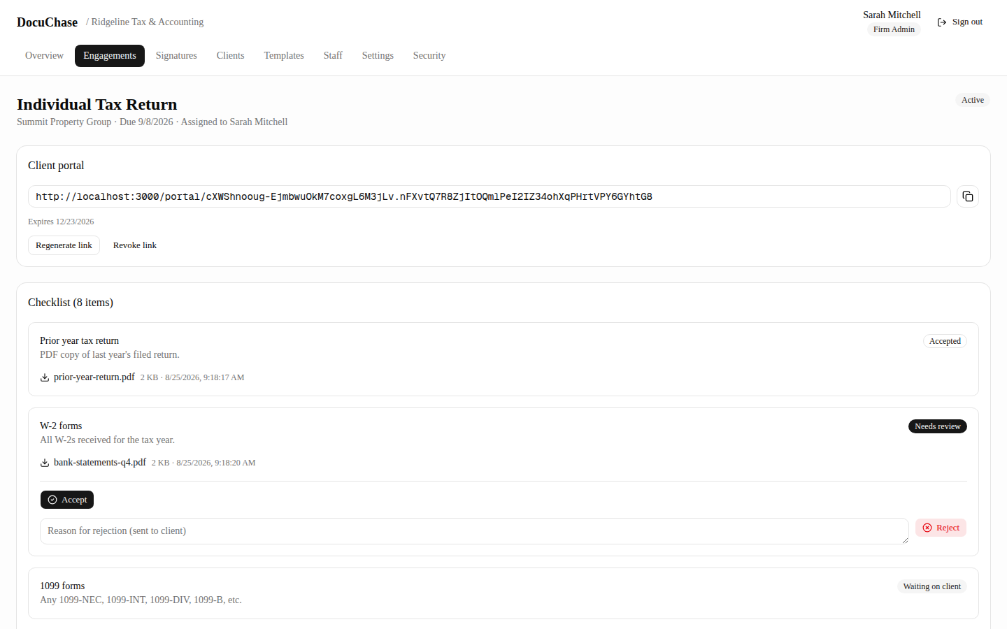 DocuChase engagement checklist with portal link, uploads, and accept/reject review