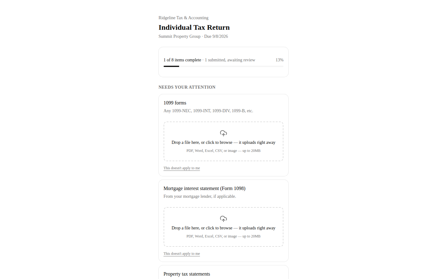 What clients see: a no-login portal where files upload the moment they're dropped.