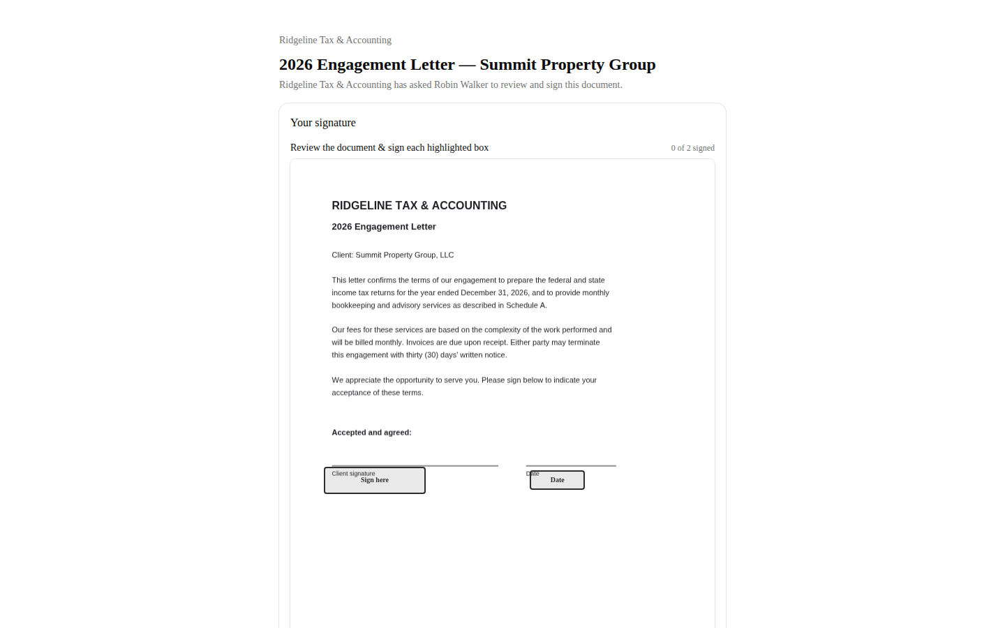 Signers click every highlighted spot — signature and date land right on the document's own lines.