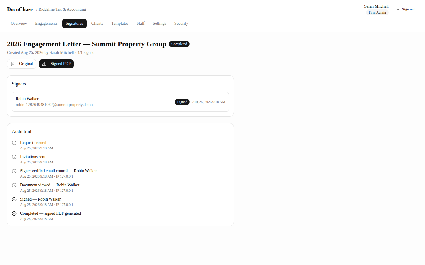 A completed request with its full audit trail.