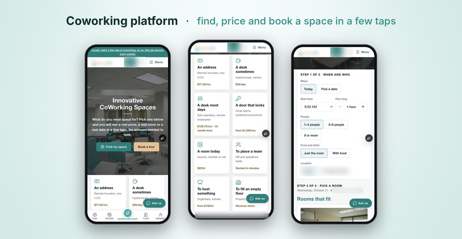A coworking platform: find, price and book a space on a phone