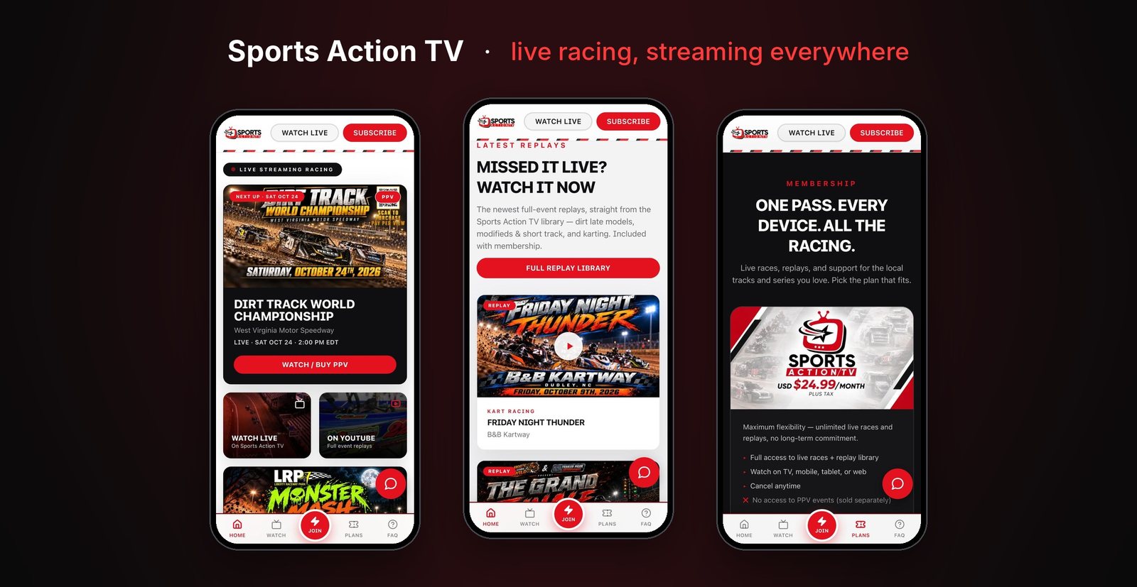 Sports Action TV: live races, replays and memberships on a phone