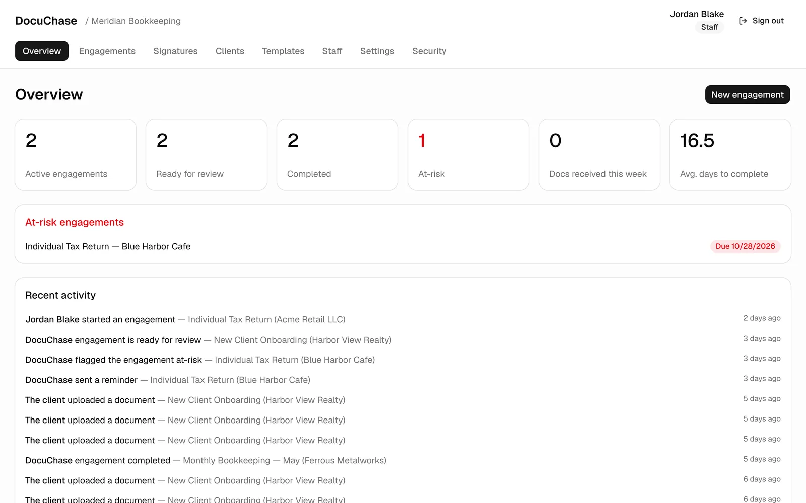 DocuChase engagement checklist with portal link, uploads, and accept/reject review