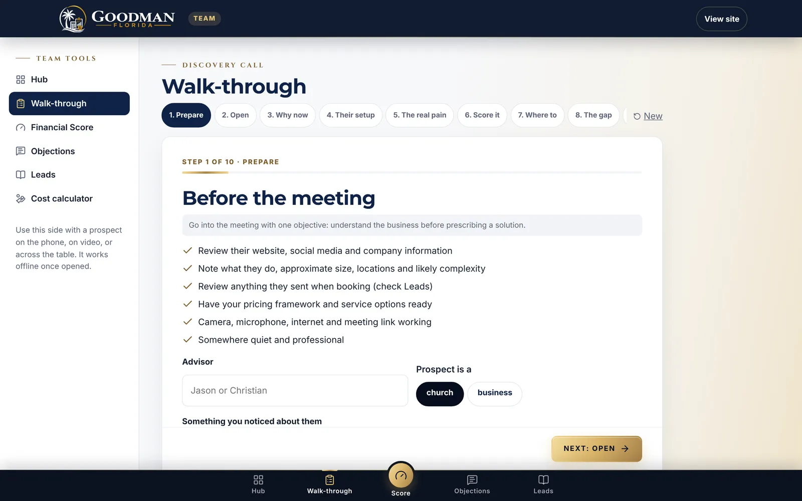 Goodman Florida's staff walk-through for a discovery call, step 1 of 10