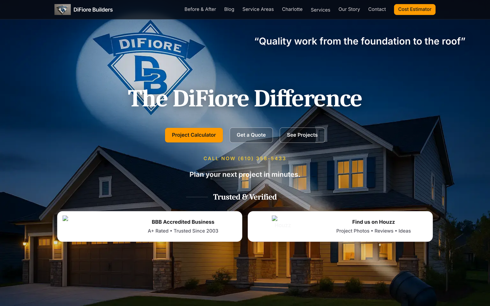 The DiFiore Builders home page with the project calculator call to action
